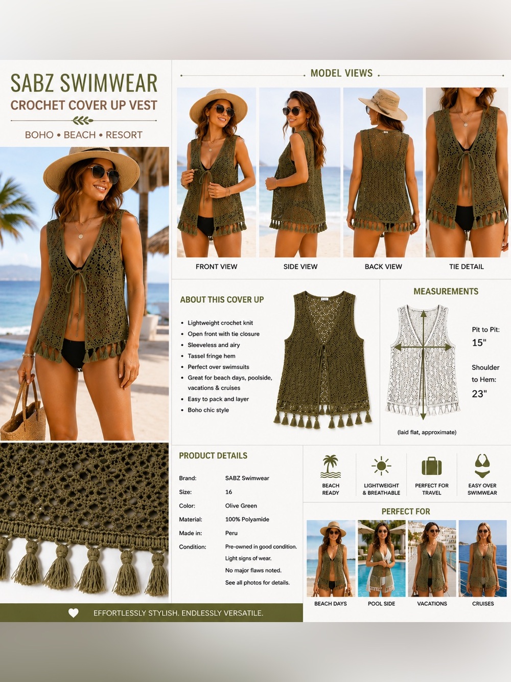SABZ Swimwear Olive Crochet Tassel Swim Cover Up Vest Size 16 Boho Beach Resort